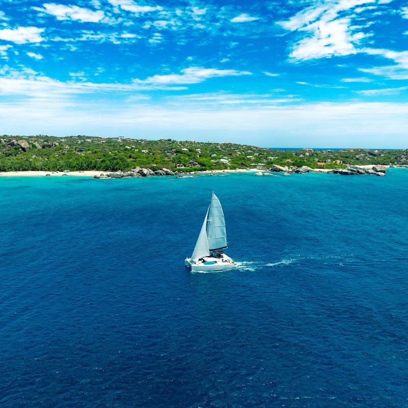 Sailing past The Baths in Virgin Gorda, BVI
