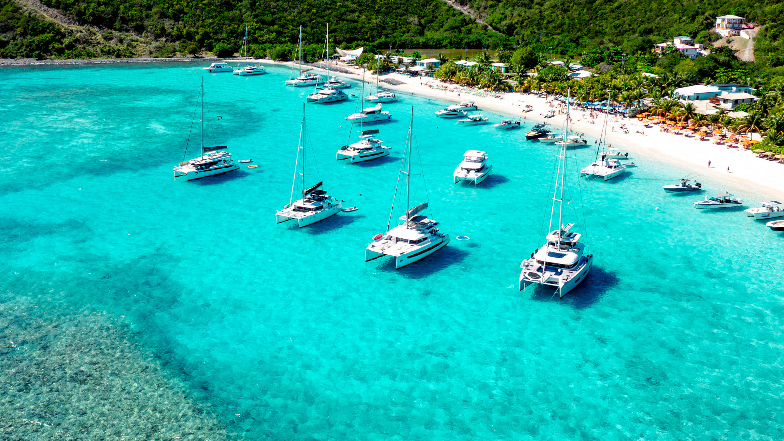 Group sailing holiday guests gathering on a BVI beach bar